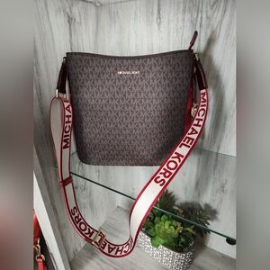 Michael Kors Brown Logo Bucket Bag with Red-Trim Strap